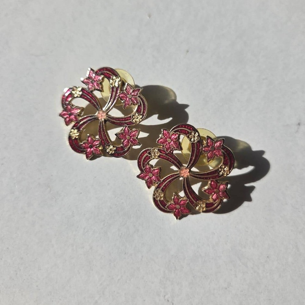 Vintage Floral Pinwheel Stud Earrings Womens Gold Pink Enamel Cloisonne